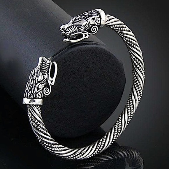 Sterling Silver Plated Serpent Viking Wolf Head Cuff Bracelet - Picture 2 of 7